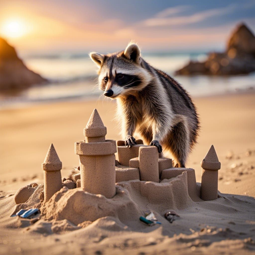 Raccoon and Sandcastle on a Summer Evening