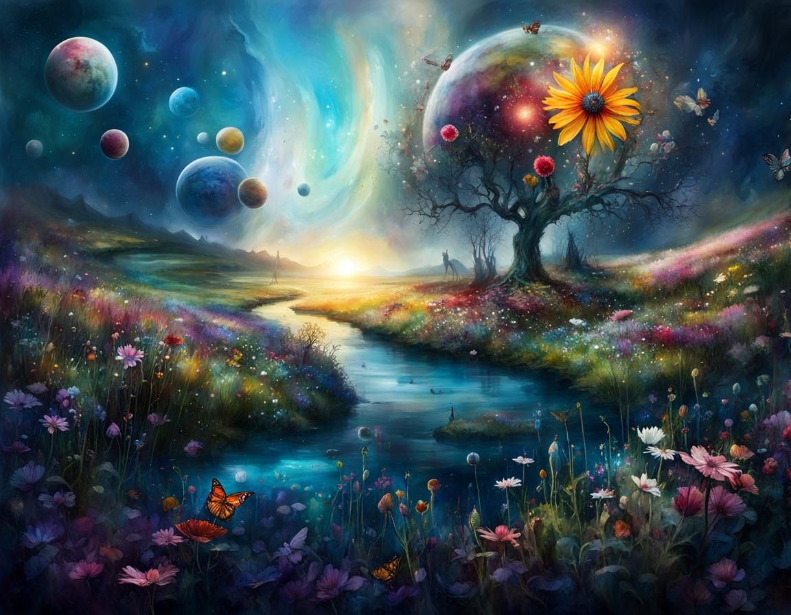 Surreal Flower Meadow Dripping off Planets