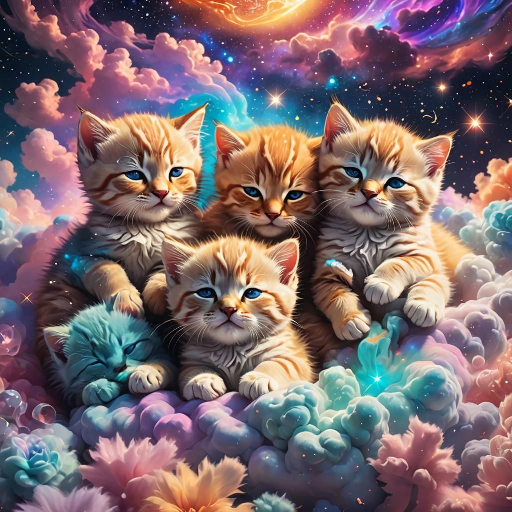 Luminous Kittens Sleeping in Galaxy: Digital Illustration