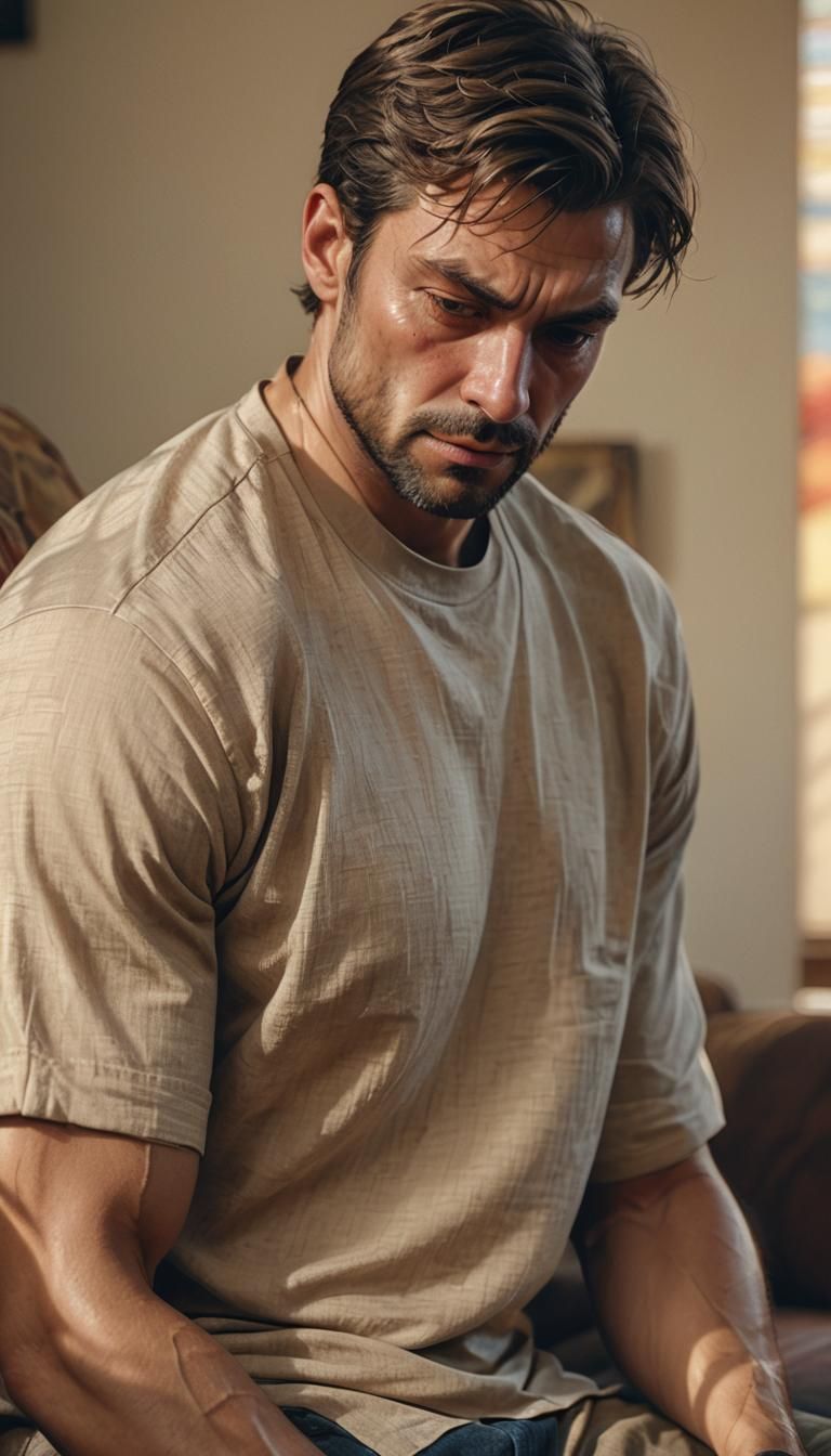 Sad Man in Living Room: Hyperrealistic Digital Art