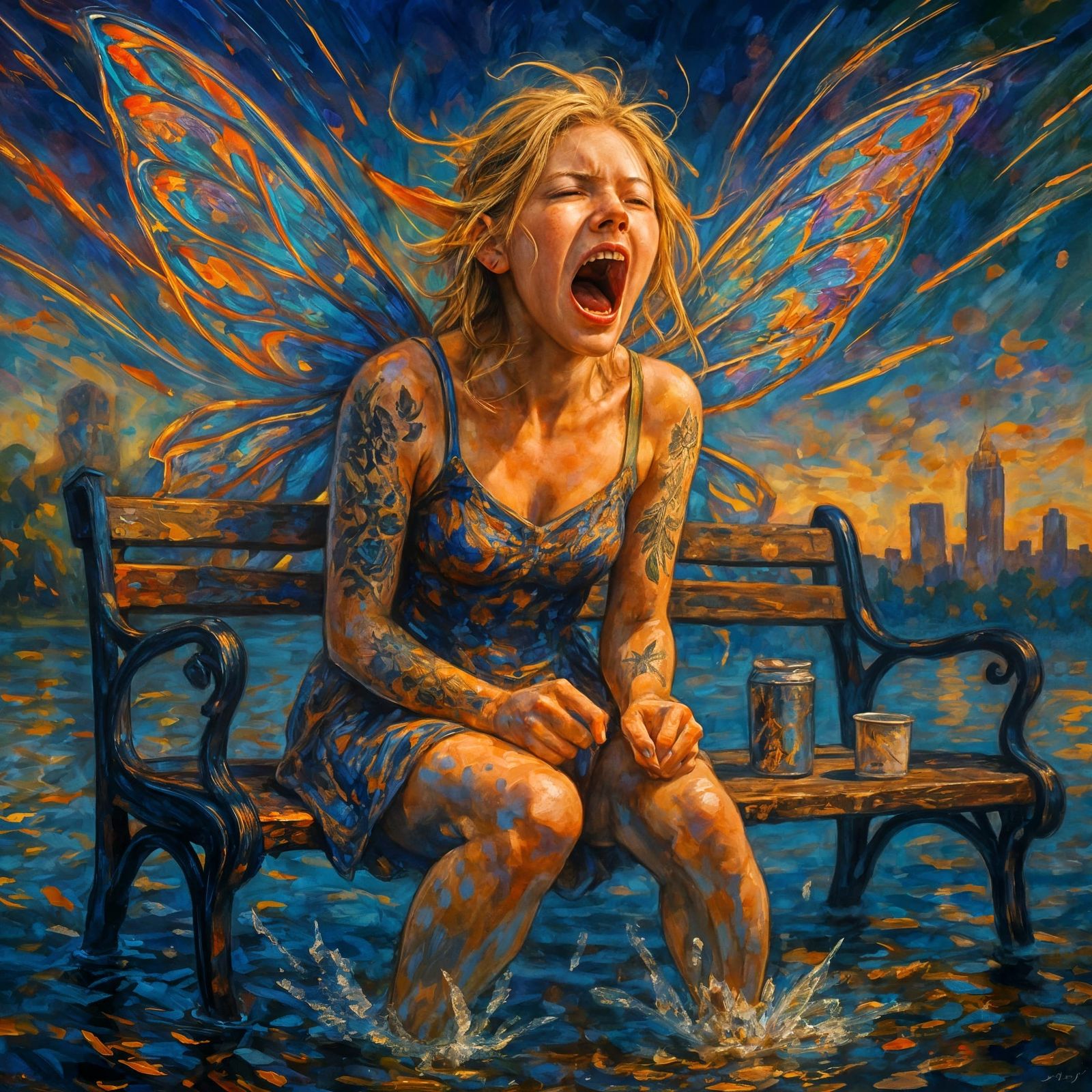 Distressed Fairy on Park Bench: Digital Art