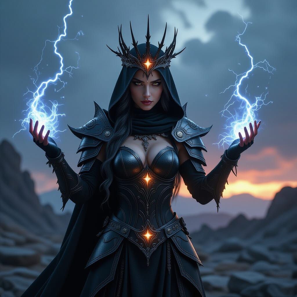 Fantasy concept art. Medium shot. A powerful sorceress with ...
