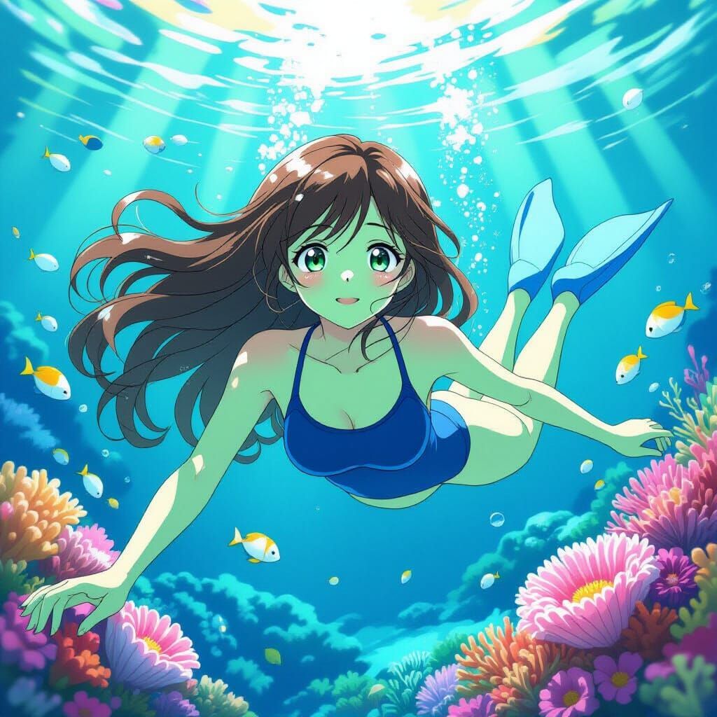 Anime Girl Swimming Underwater in Pastel Colors