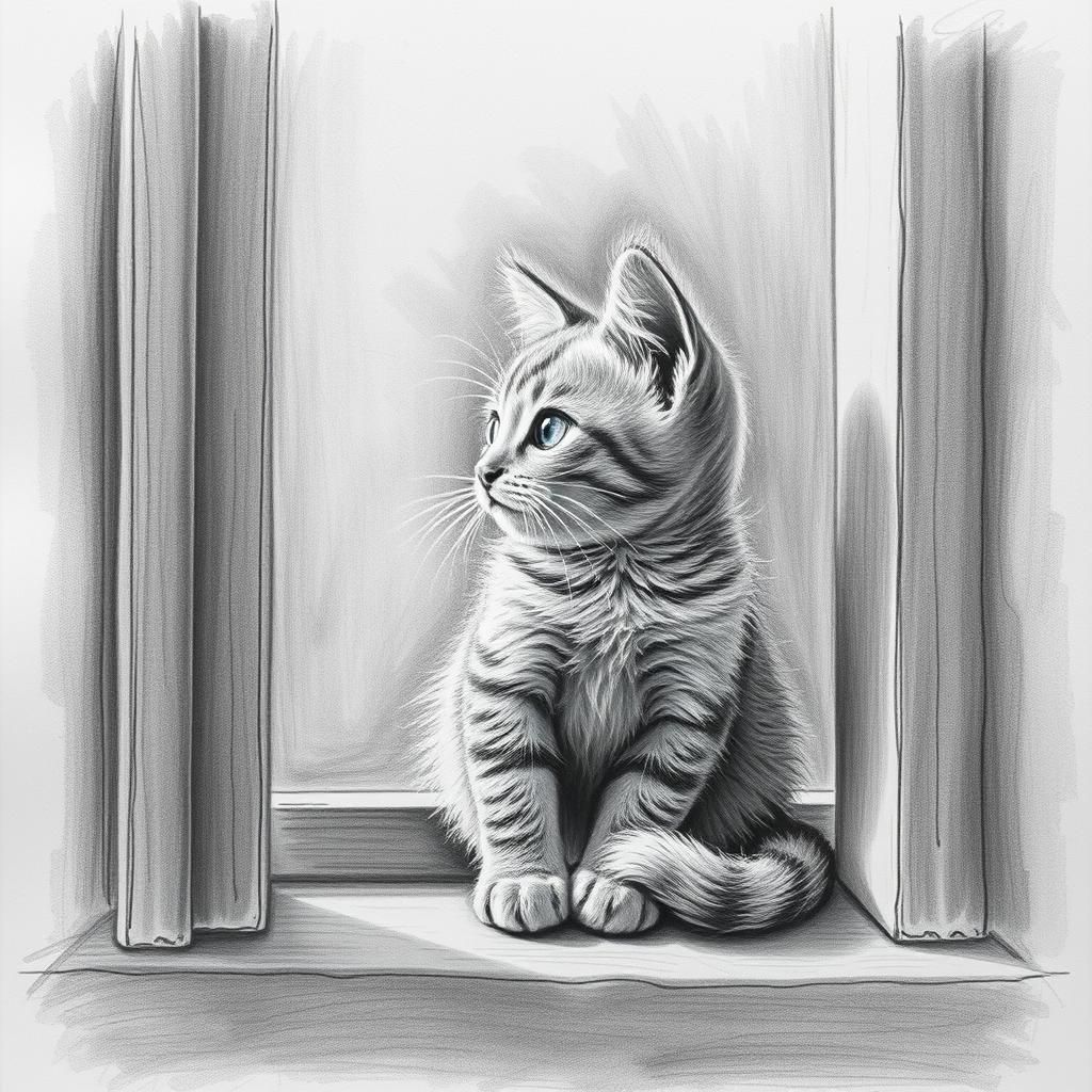 Hyperdetailed Charcoal Drawing of Kitten in Window