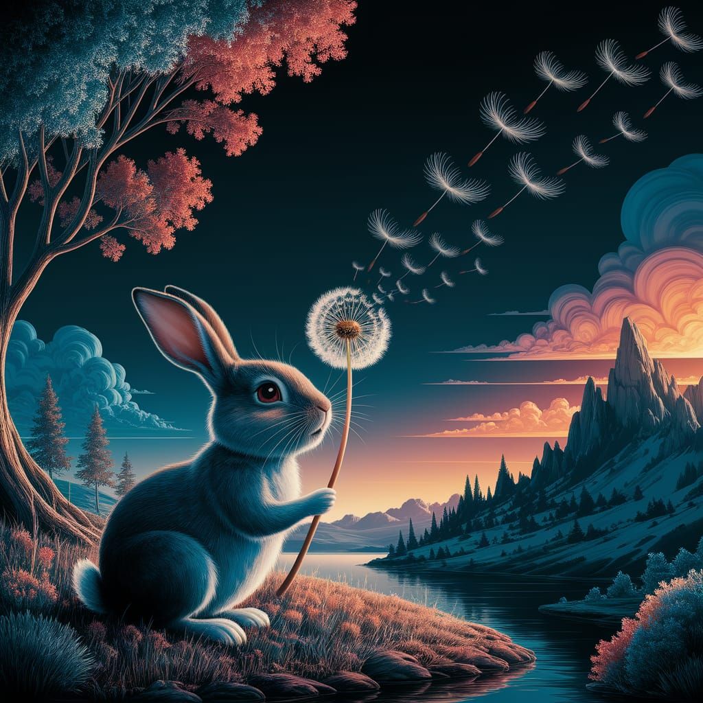 Rabbit Blows Dandelion Seeds in Surreal Landscape