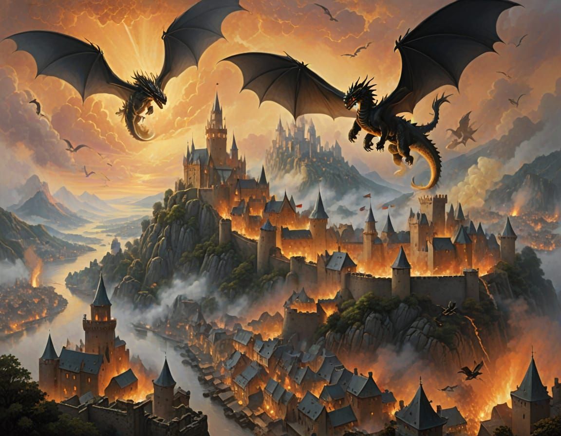 Dragons Battle Over Burning Medieval Town in Ethereal Mist