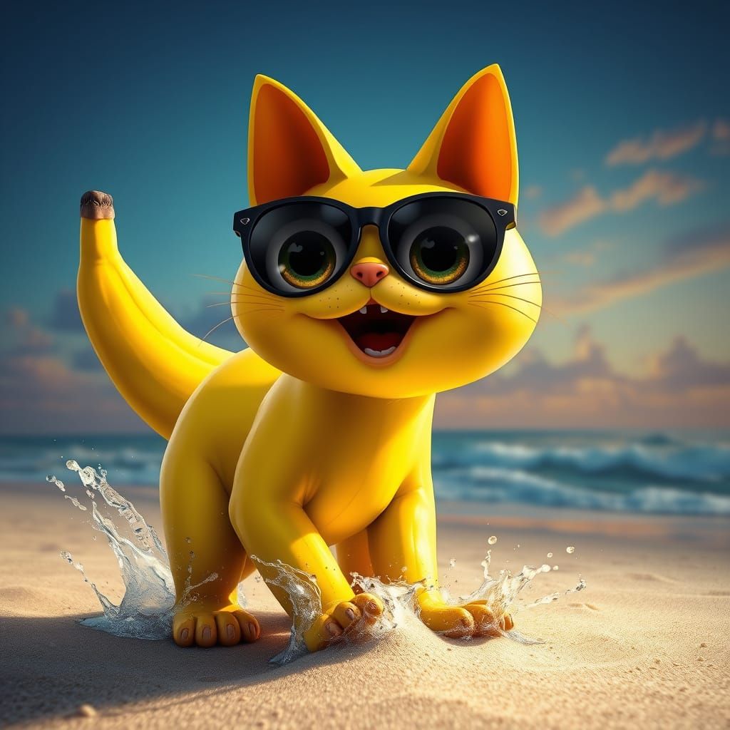 Vibrant Beach Cat Sculpture in Hyperrealistic Style