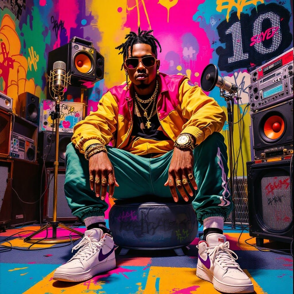 Hip-Hop Artist in Vintage Studio Setting with EDM Flair