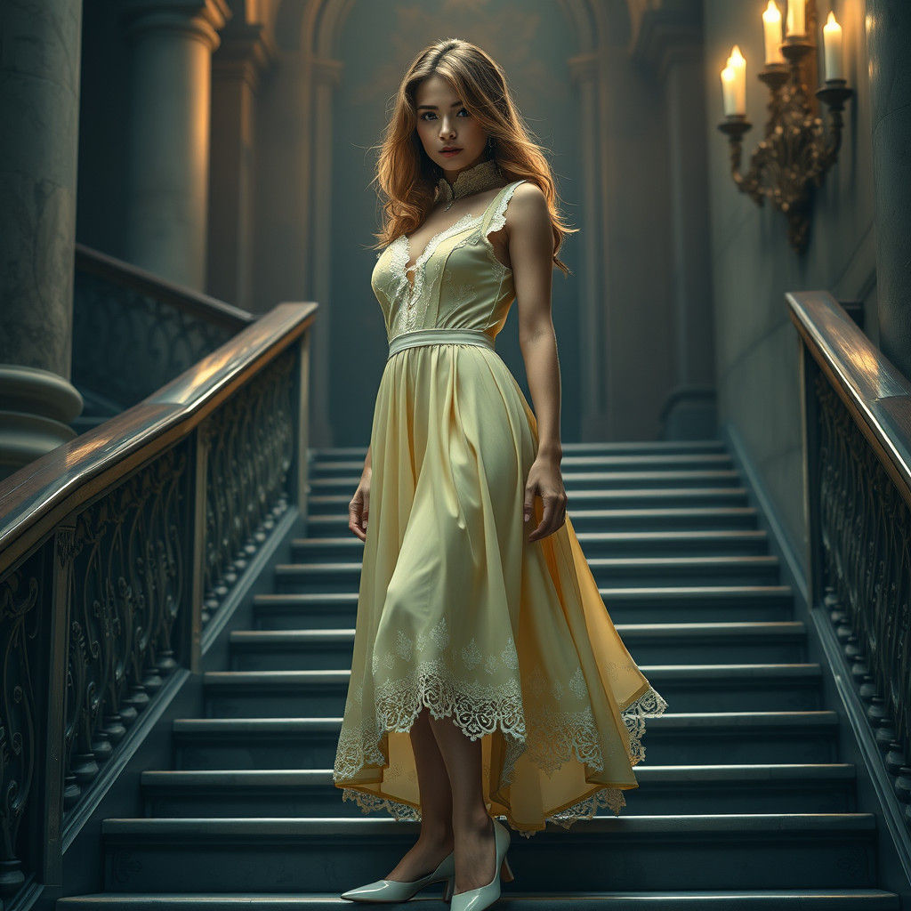 Woman in Yellow Dress on Grand Staircase