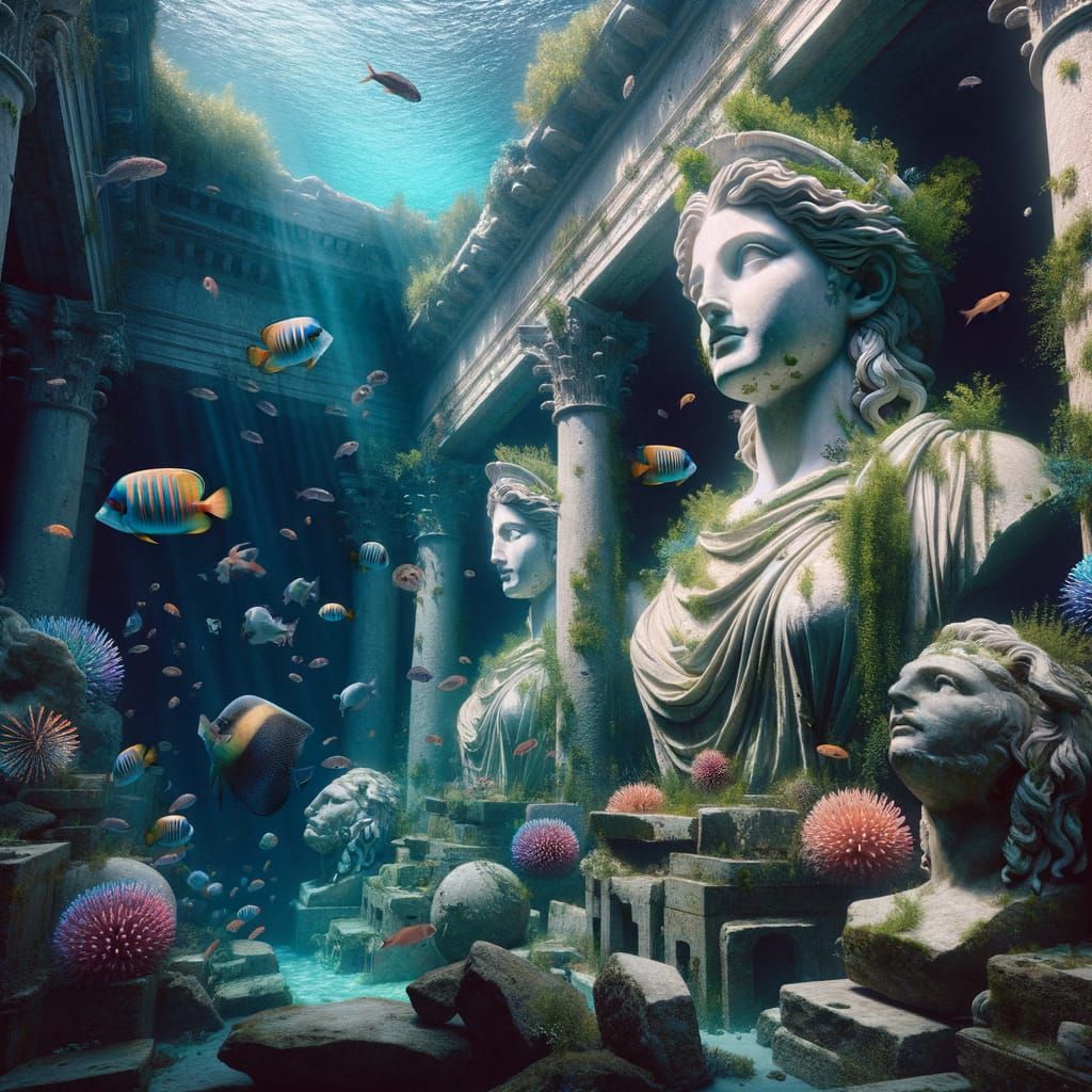 Sunlit Underwater City Ruins After Earthquake