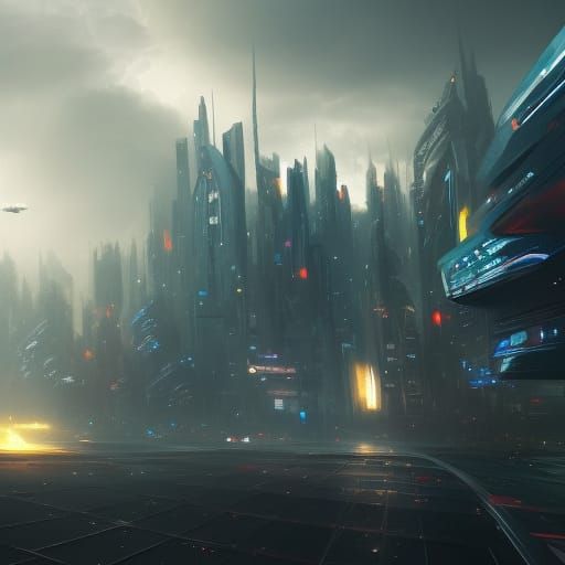 Futuristic Cityscape with Flying Cars in Dark Fantasy Style