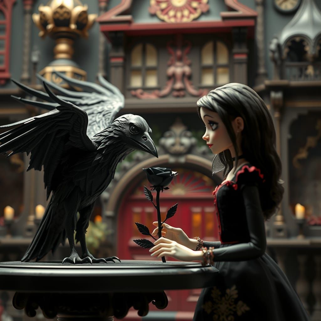Gothic Raven Offers Rose to Wednesday Addams Figure in Tim B...