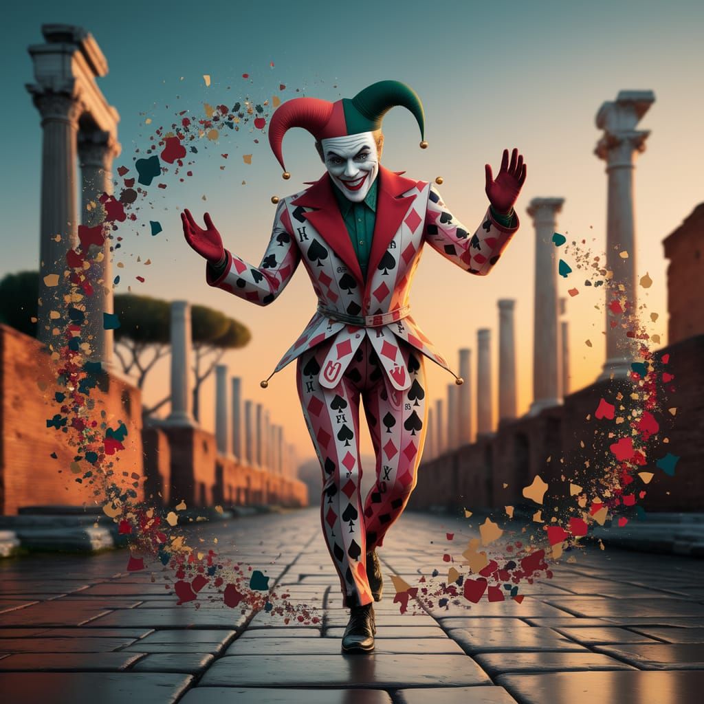 Psychedelic Jester Joker Dances Through Roman Ruins