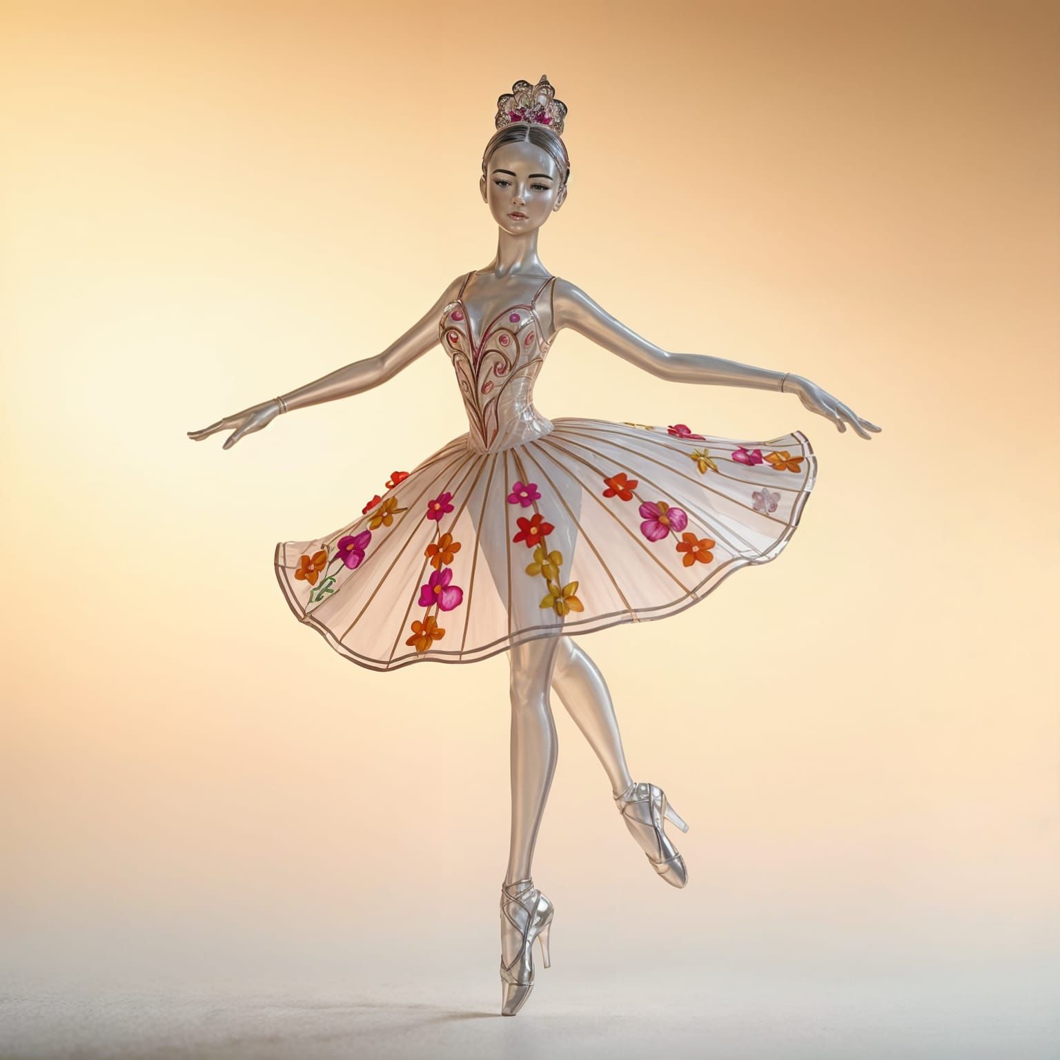 Exquisite hand-crafted enamelled glass figurine of a graceful ballerina in mid-pirouette. Delicate translucent glass bod...