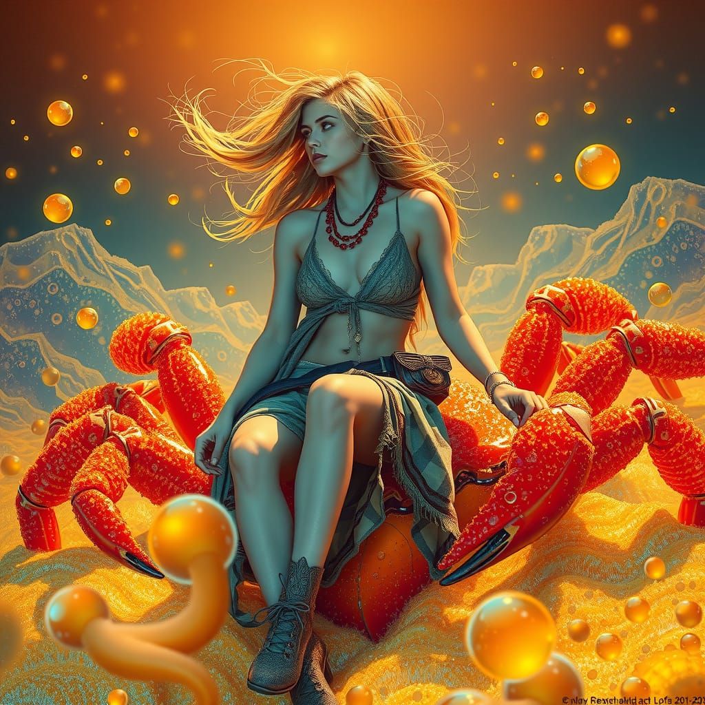 Woman on Gummy Crab in Dreamlike Soda Sea