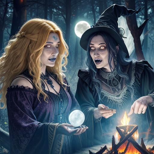 Two spooky enchanting witches dance around a fire in the for...