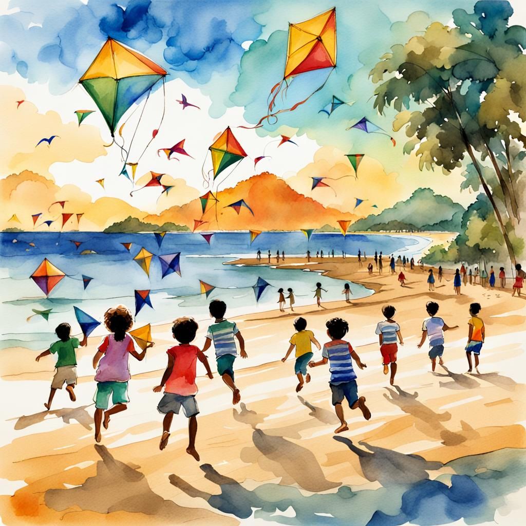 Children Fly Kites on Paraty Beach: Watercolor Sketch