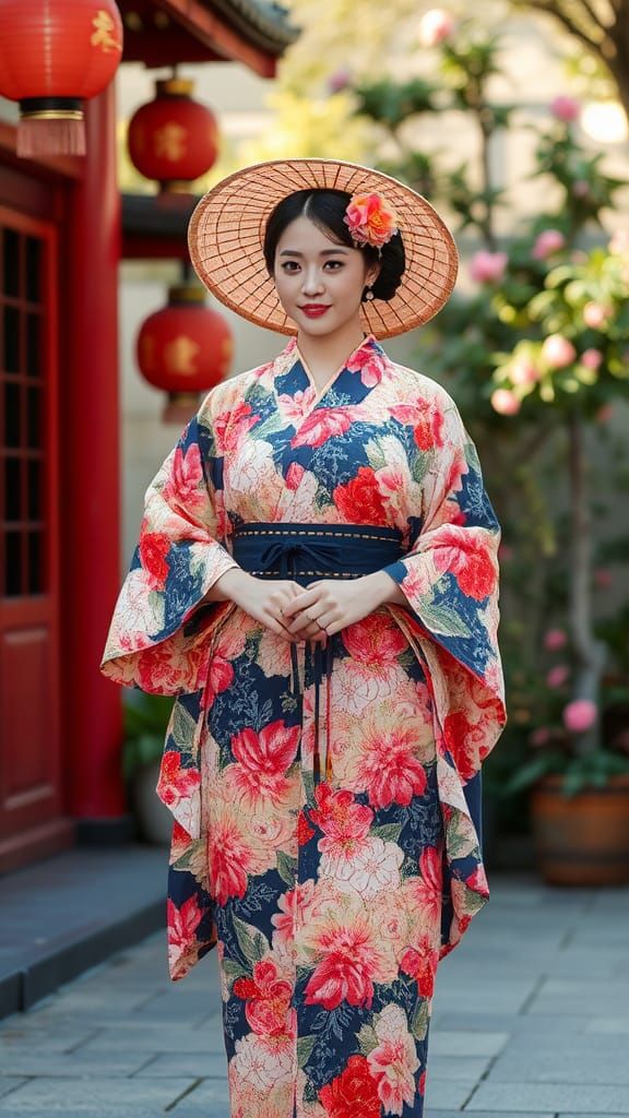 Elegant Geisha in Floral Kimono