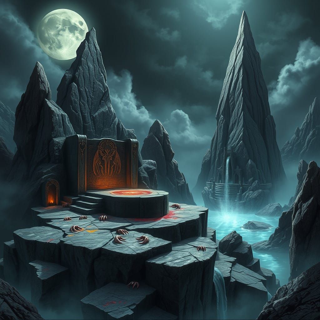 Moonlit Rock Formations of Bloodmoon Crags, in Dark Gothic S...