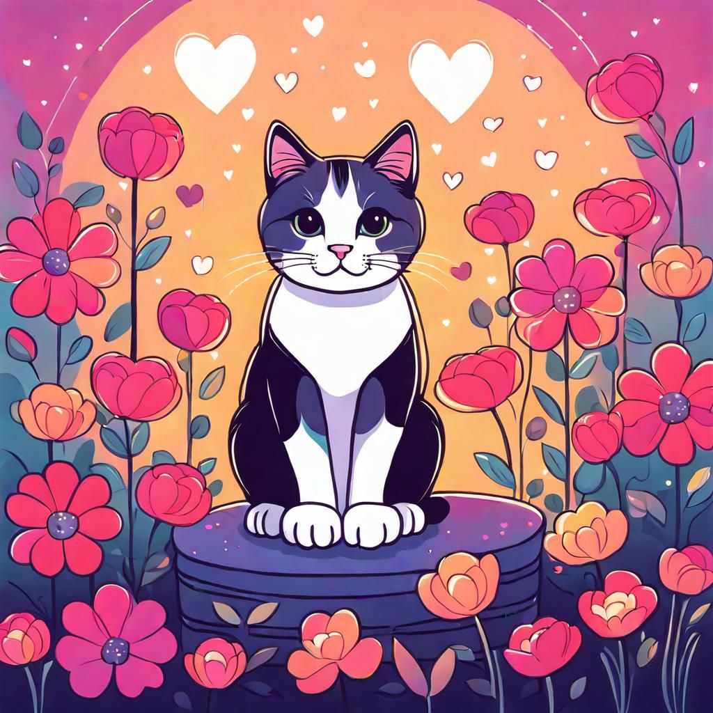 Cute Cat with Flowers in Cartoon Style