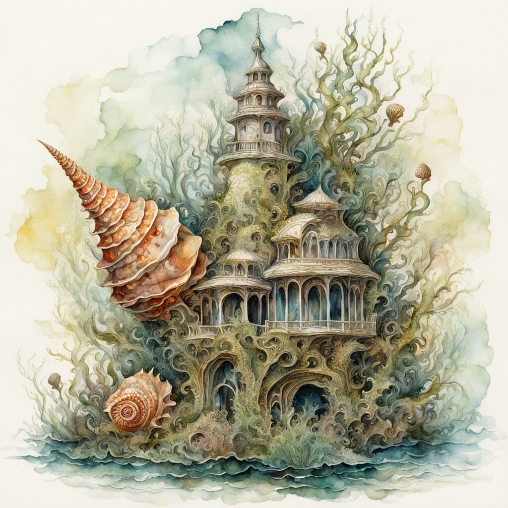 Surreal Conch Shell Made of Coral and Seaweed
