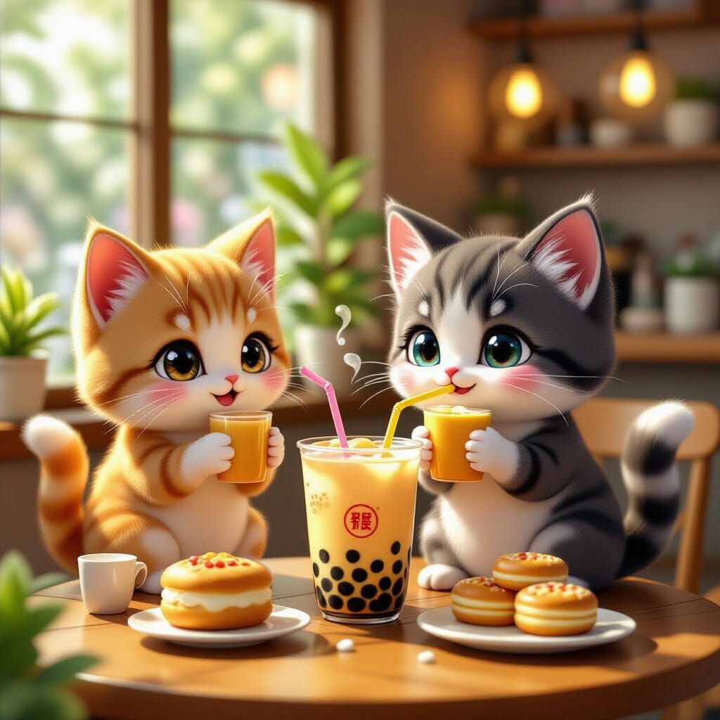 Adorable Kittens Enjoying Bubble Tea and Donuts in Vibrant A...