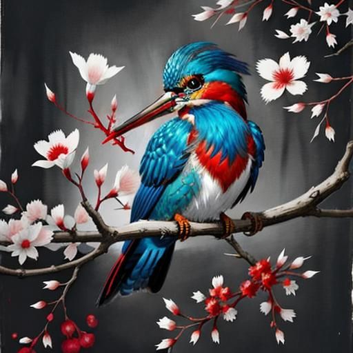 Red Kingfisher in Monochromatic Watercolor Sketch