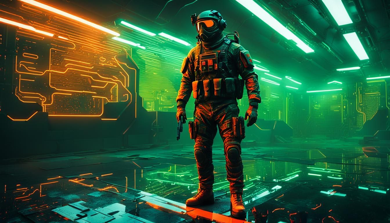 Futuristic Soldier in Sinister Sci-Fi Scenario