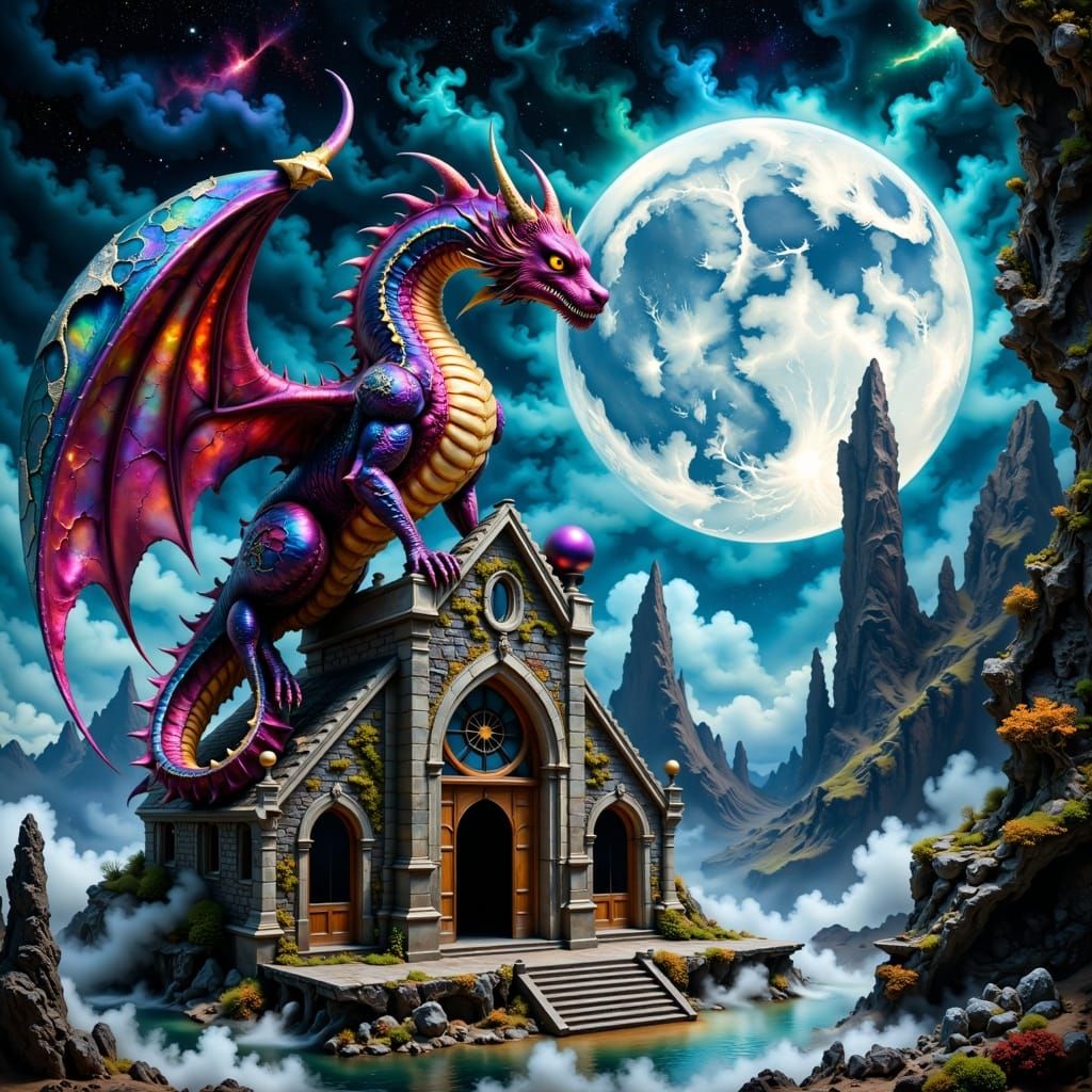 Ruby Dragon on Gothic Cathedral, Dark Fantasy Art