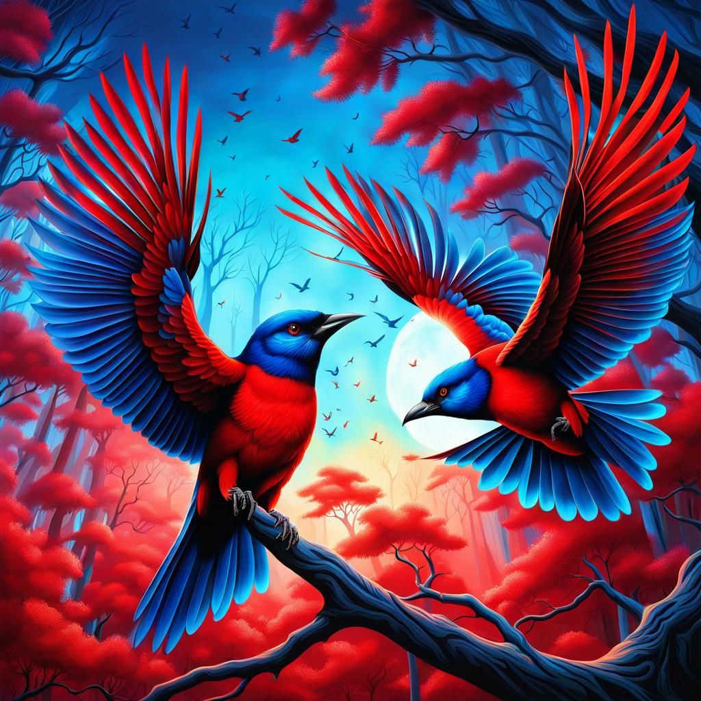 Fluorescent Birds in a Glowing Forest: Airbrush Art