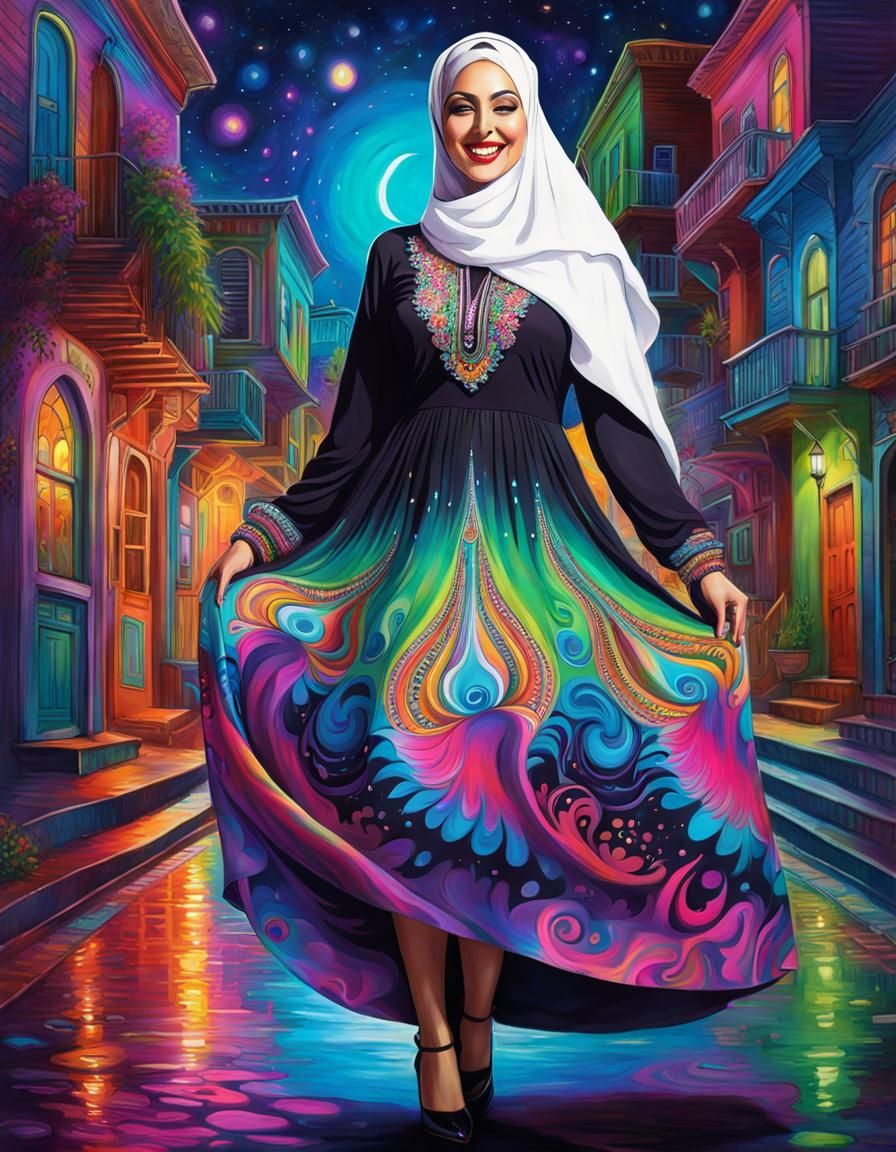 Psychedelic Hijabi Woman in Street, Mayahuasca Art