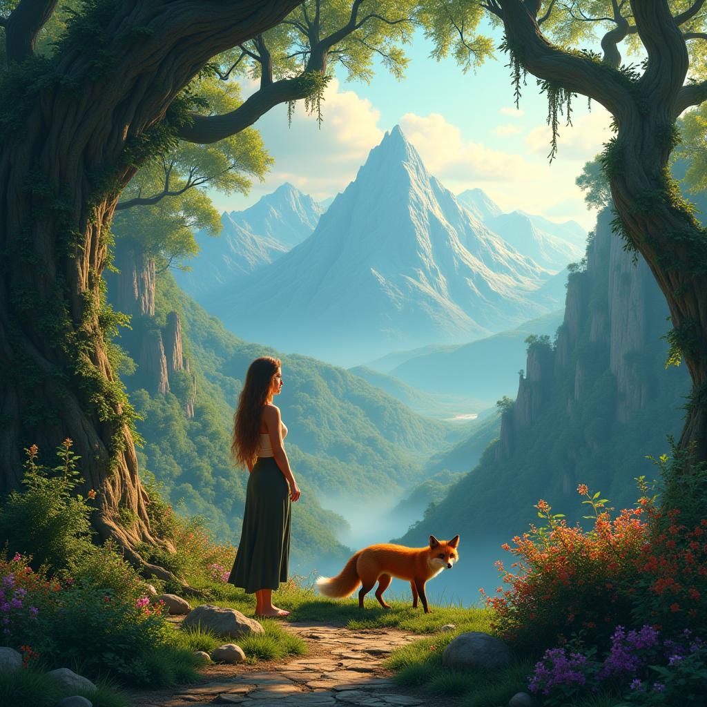 Mystical Forest Landscape with Woman and Fox