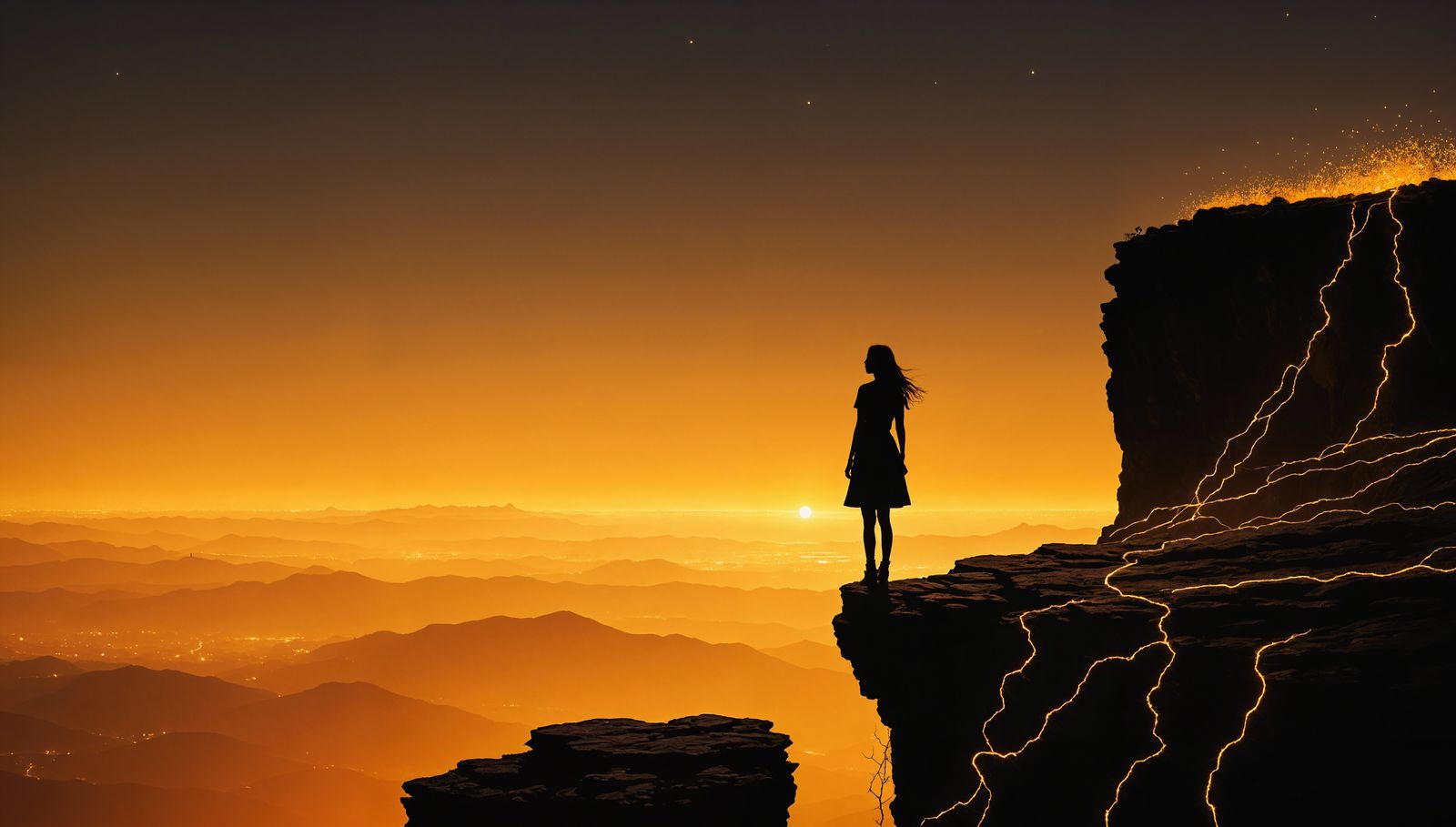 Minimalist Silhouette: Woman Gazing into Abyss at Sunrise