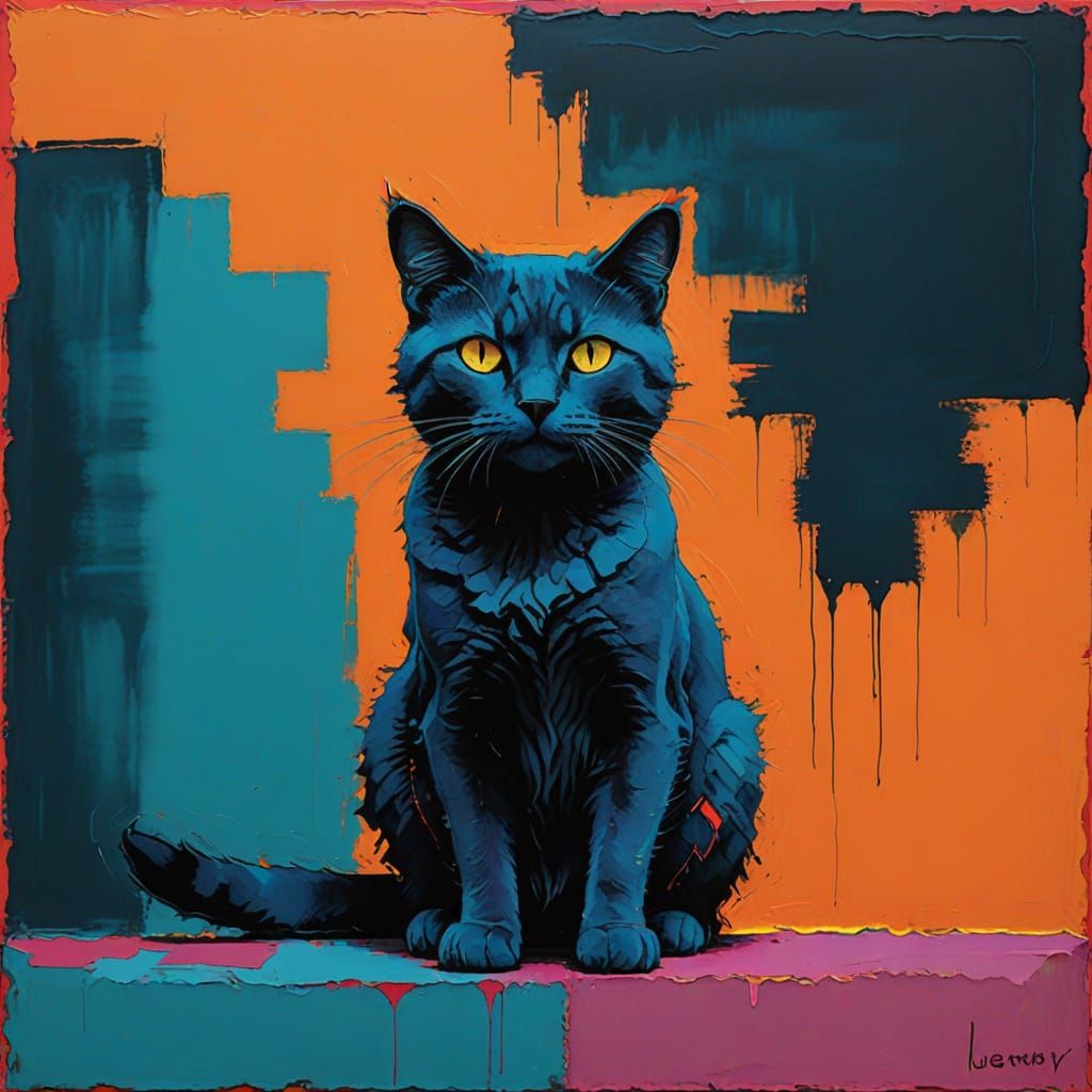 Mark Rothko-Inspired Abstract with Neon Accents and Feline F...