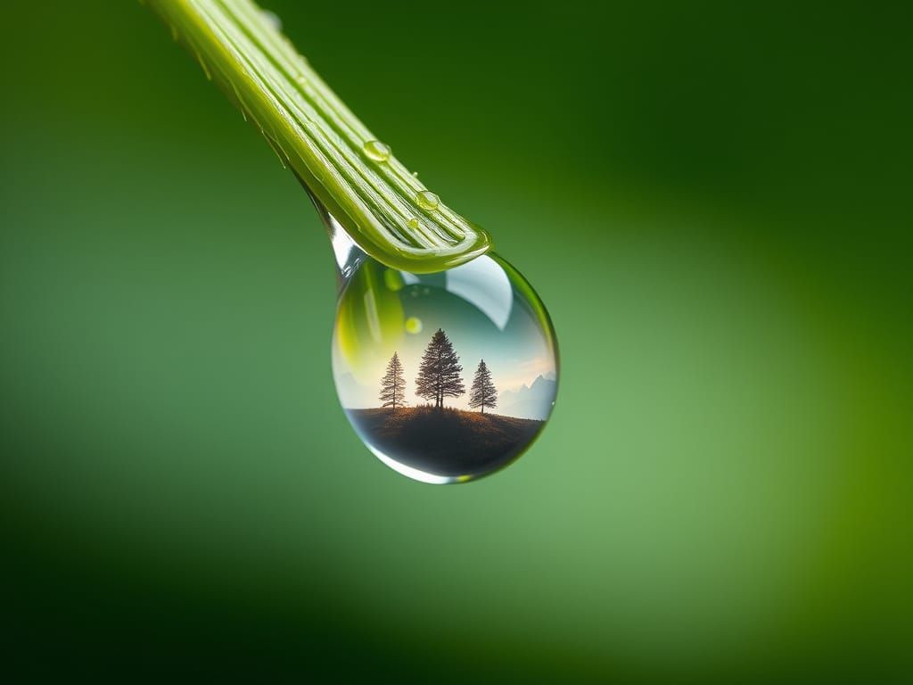 Dew Drop Reflecting a Miniature World: Macro Photograph