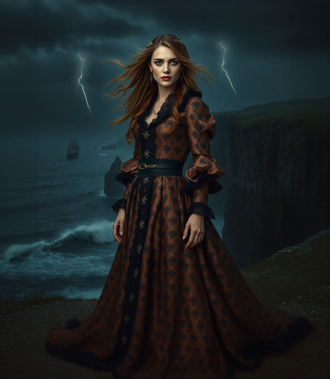 Woman in Copper Musketeer Dress by Stormy Sea