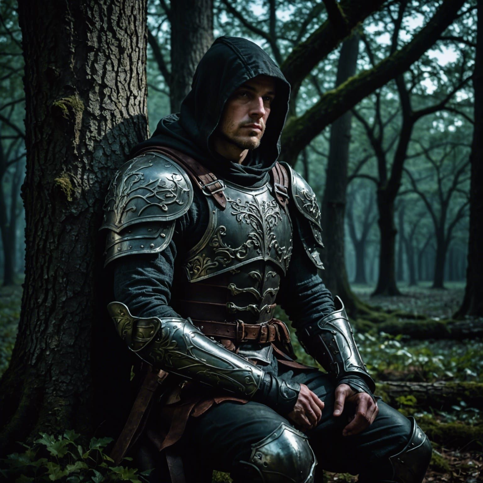 Warrior Resting Under Oak Tree at Night