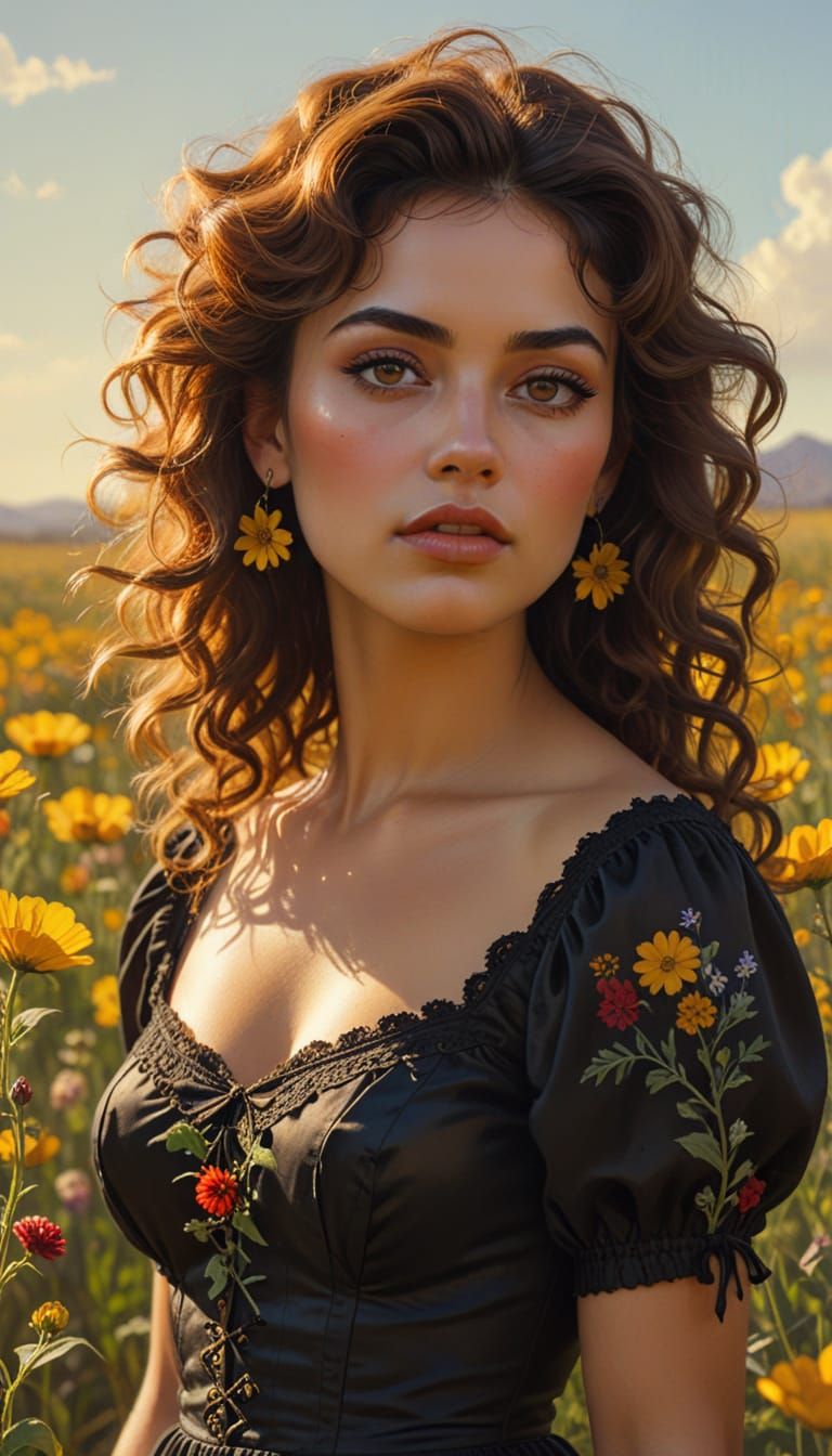 Gothic Mexican Woman in Wildflower Field: Hyperrealistic Pai...