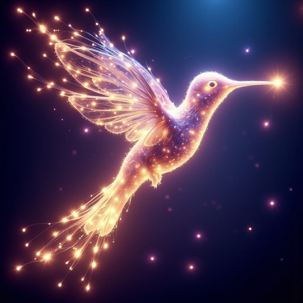 Luminous Fairy Light Hummingbird in Dreamlike Scene
