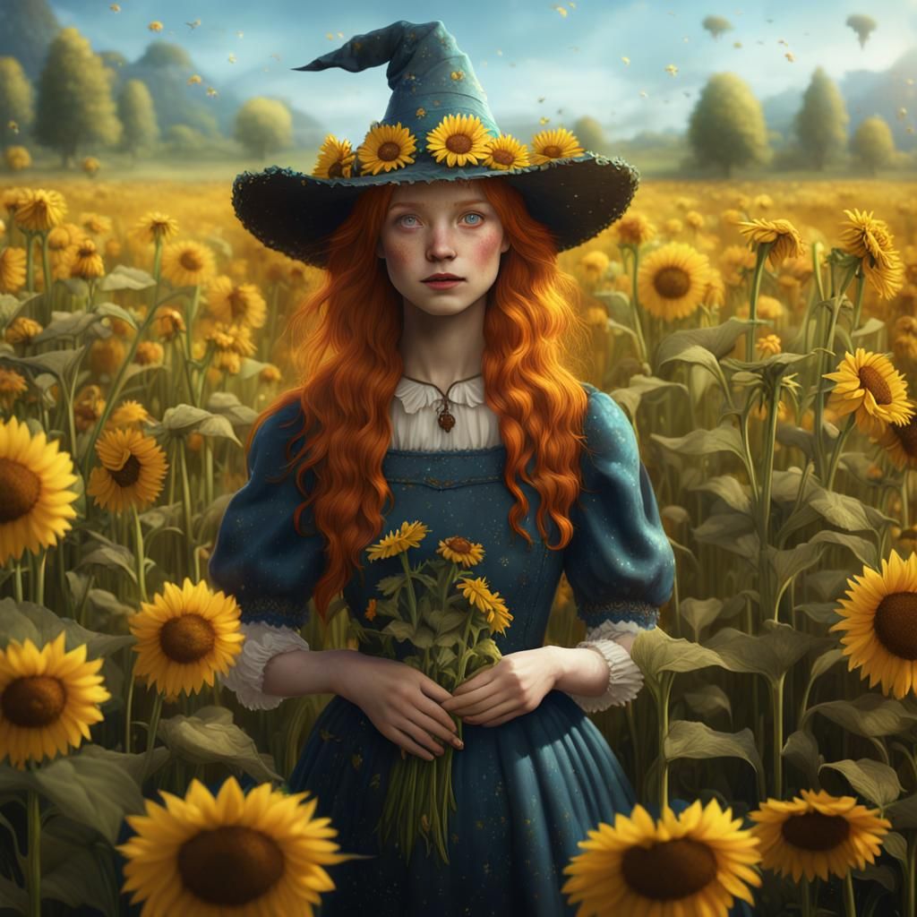 Sunflower Witch Collecting Flowers in a Field