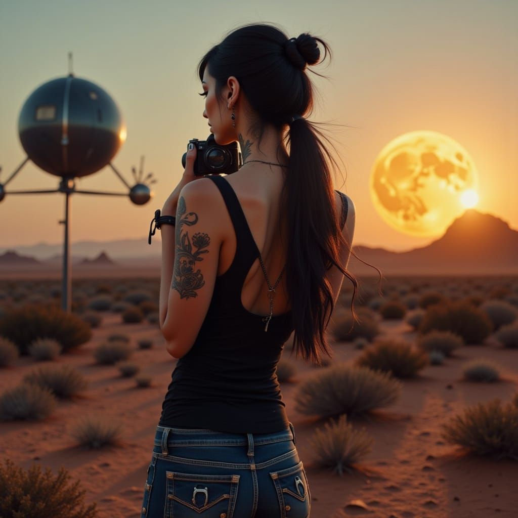 Sci-Fi Woman Photographer in Alien Desert