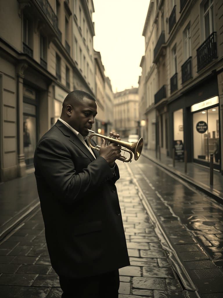 Jazz Trumpeter in Sepia Tone on Parisian Street at Dusk
