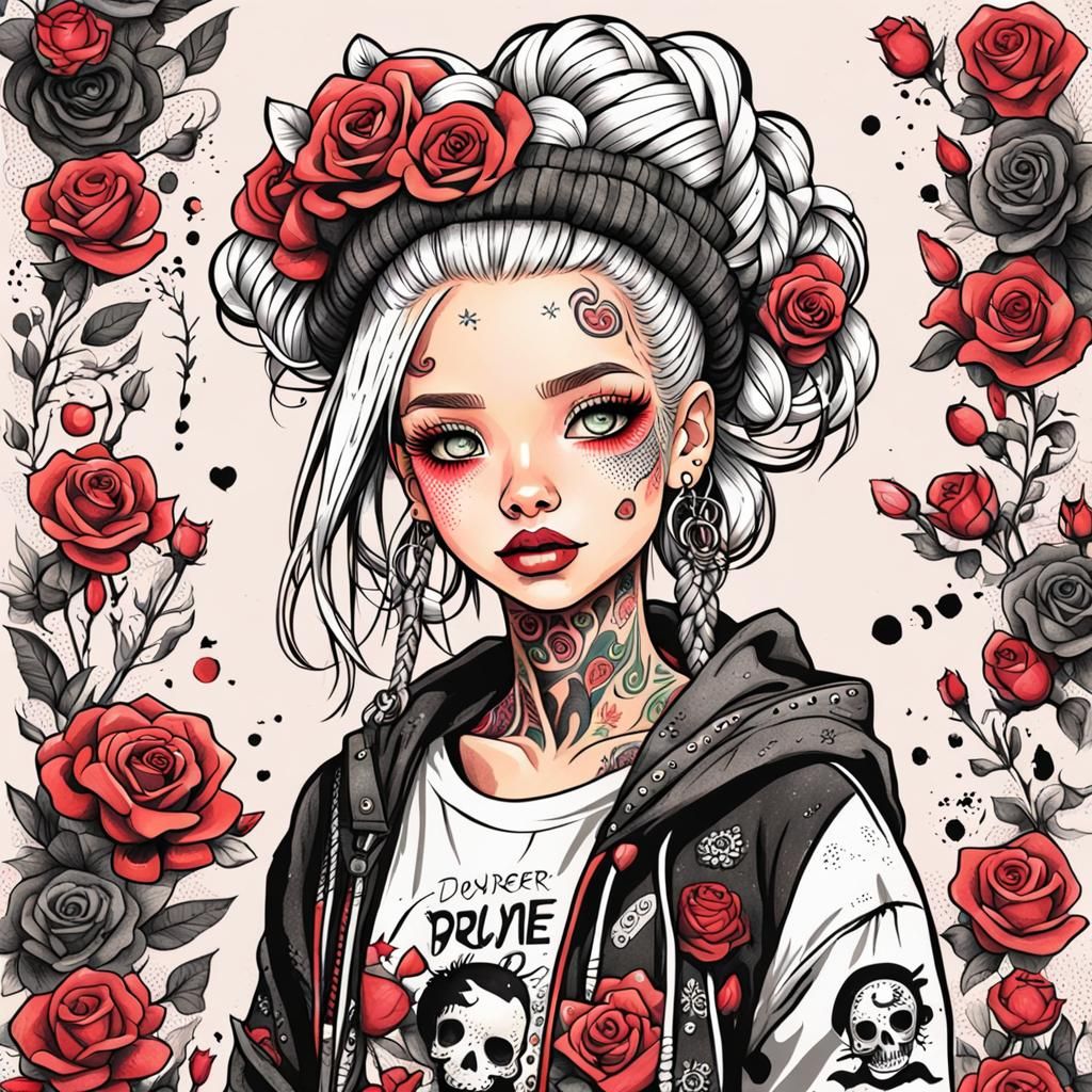 Rose Tattooed Punk Girl in Calligraphic Ink