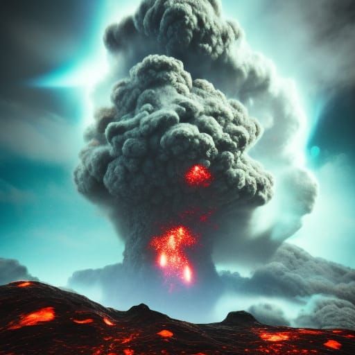 epic hyper realistic multiple alien nebula exploding & ejecting from the mouth of a volcano,suspended  Epic cinematic br...