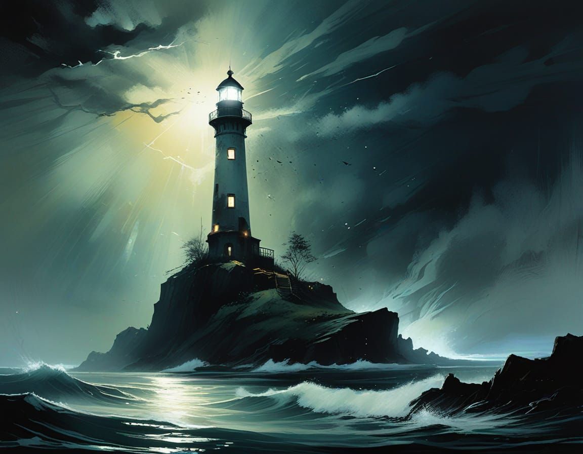 Surreal Lighthouse Illustration at Night