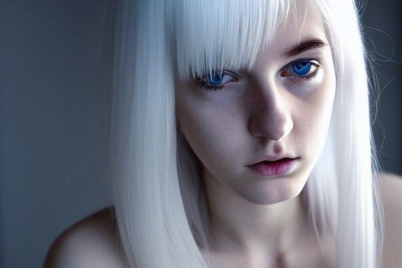 Seductive White-Haired Woman in White Room