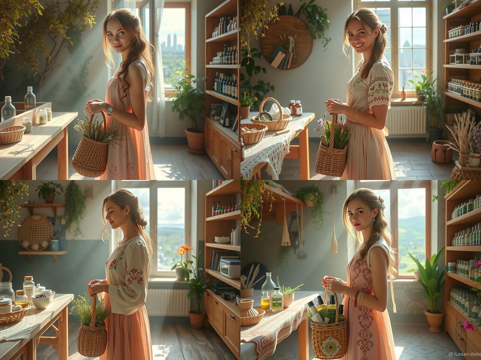 Ukrainian Woman with Natural Cosmetics in Pastel Landscape