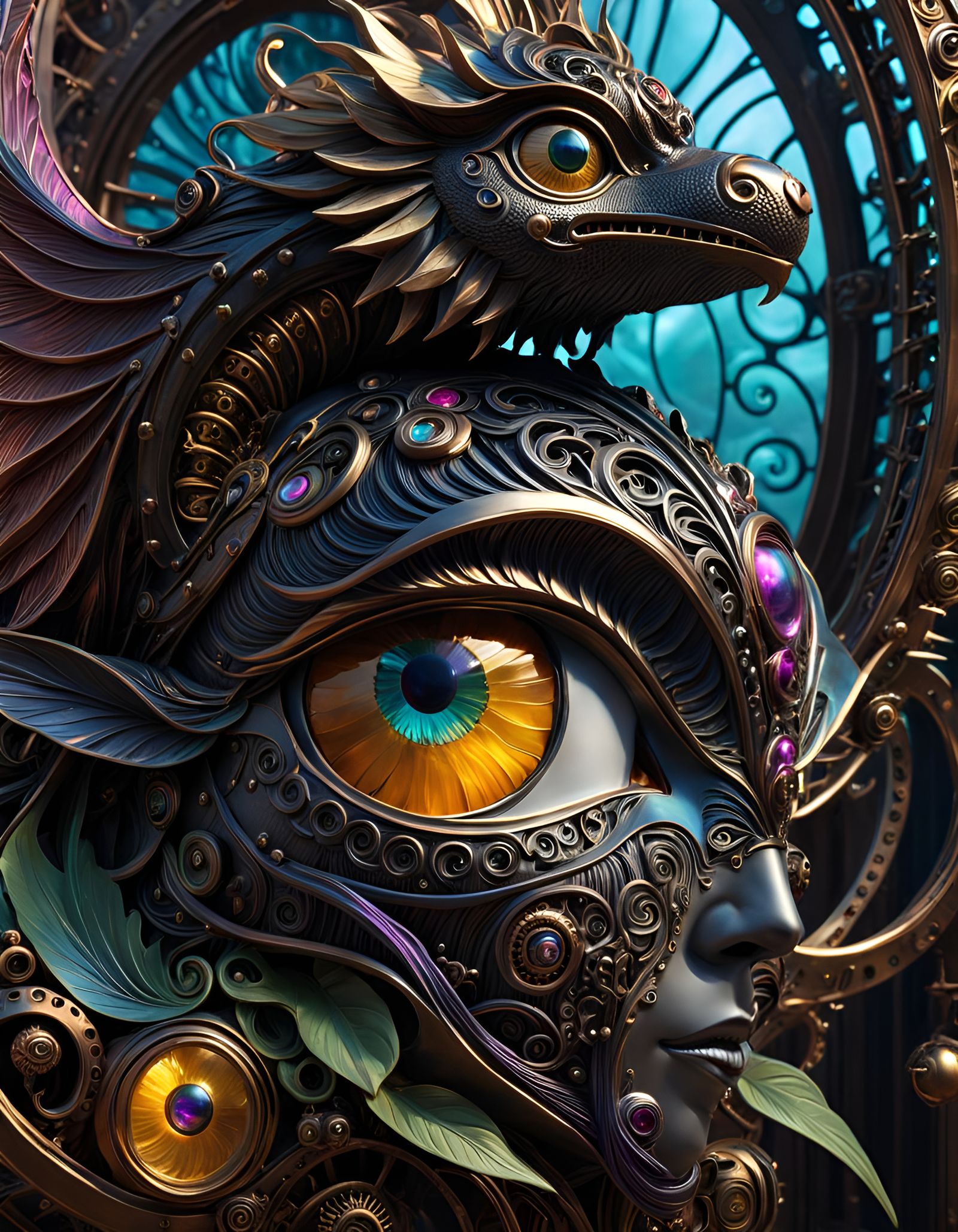 Metallic Sculpture Art in Dark Fantasy Op-Art Style