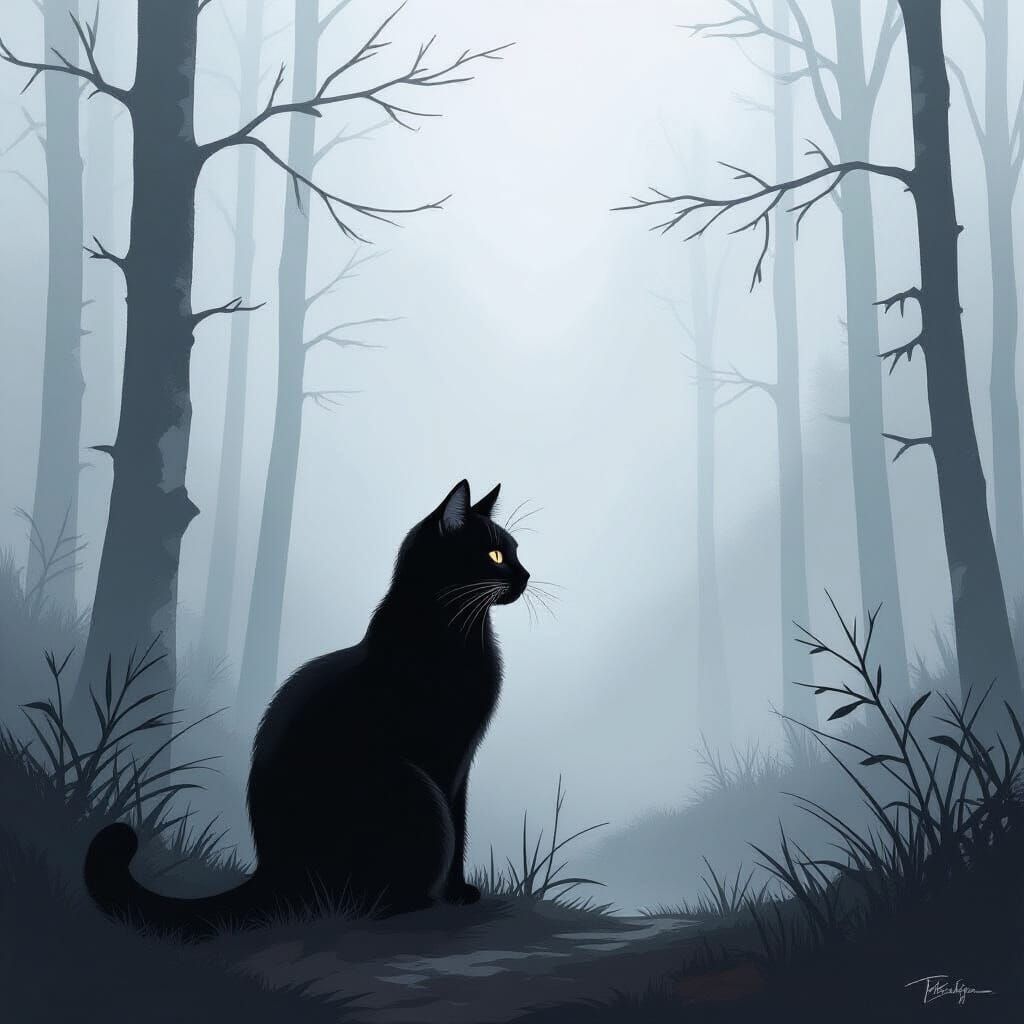 Oriental Cat in Foggy Forest Landscape