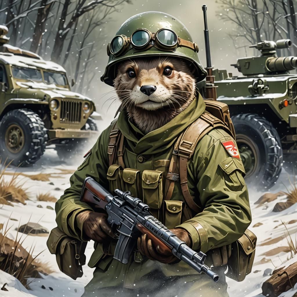 Otter Soldier in Winter Battlefield, Anime Style